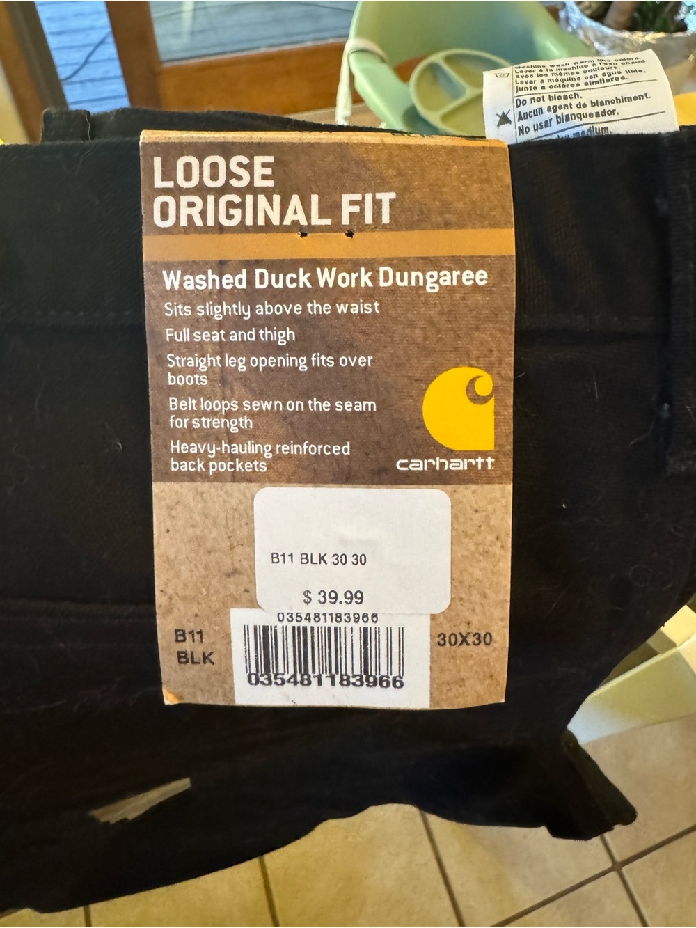 Carhartt Black Loose Original Fit Washed Duck Work Dungaree Pants